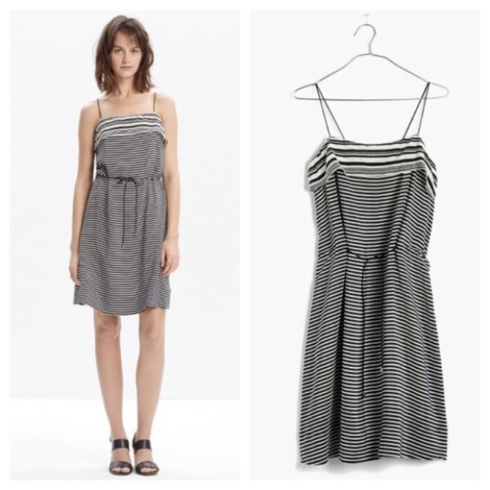 Madewell 100% Silk Black and White Strip Dress